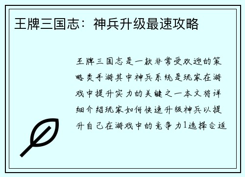 王牌三国志：神兵升级最速攻略